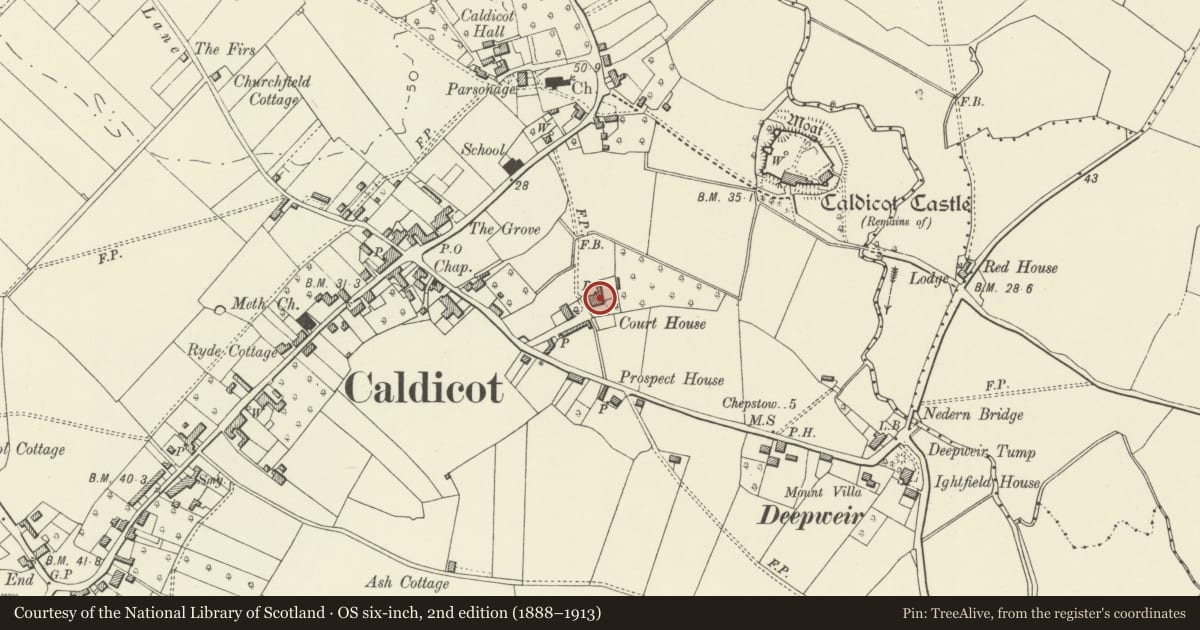 Ordnance Survey six-inch map, 2nd edition (1888–1913) covering the location of Court House, Caldicot, Monmouthshire, with a pin at the register's coordinates