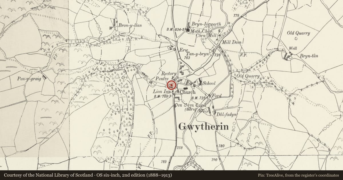 Ordnance Survey six-inch map, 2nd edition (1888–1913) covering the location of Telephone Call-box, Llangernyw, Conwy, with a pin at the register's coordinates