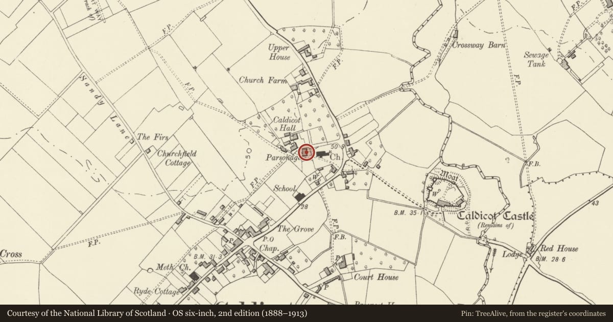 Ordnance Survey six-inch map, 2nd edition (1888–1913) covering the location of The Manor Nursing Home, Caldicot, Monmouthshire, with a pin at the register's coordinates