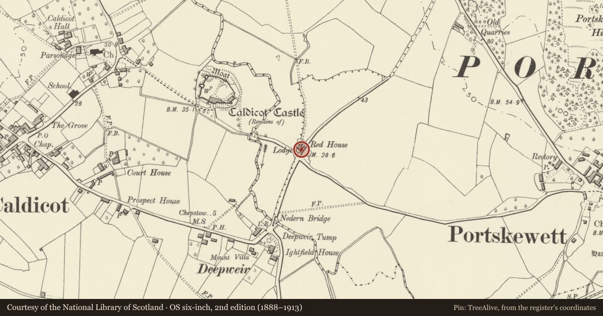 Ordnance Survey six-inch map, 2nd edition (1888–1913) covering the location of Castle Lodge, Caldicot, Monmouthshire, with a pin at the register's coordinates