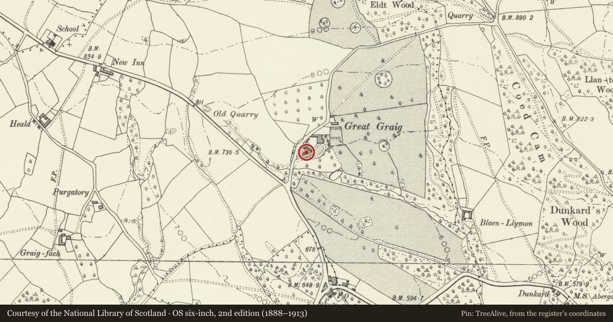 Ordnance Survey six-inch map, 2nd edition (1888–1913) covering the location of Former coach-house and screen wall to W of Graig House, Skenfrith, Monmouthshire, with a pin at the register's coordinates