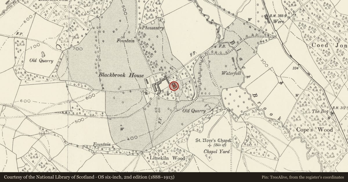 Ordnance Survey six-inch map, 2nd edition (1888–1913) covering the location of Blackbrook House, Skenfrith, Monmouthshire, with a pin at the register's coordinates