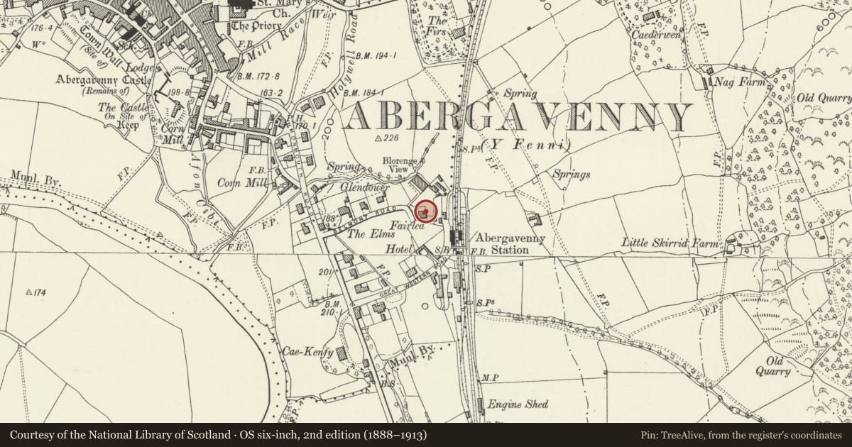 Ordnance Survey six-inch map, 2nd edition (1888–1913) covering the location of Fairlea, Abergavenny, Monmouthshire, with a pin at the register's coordinates
