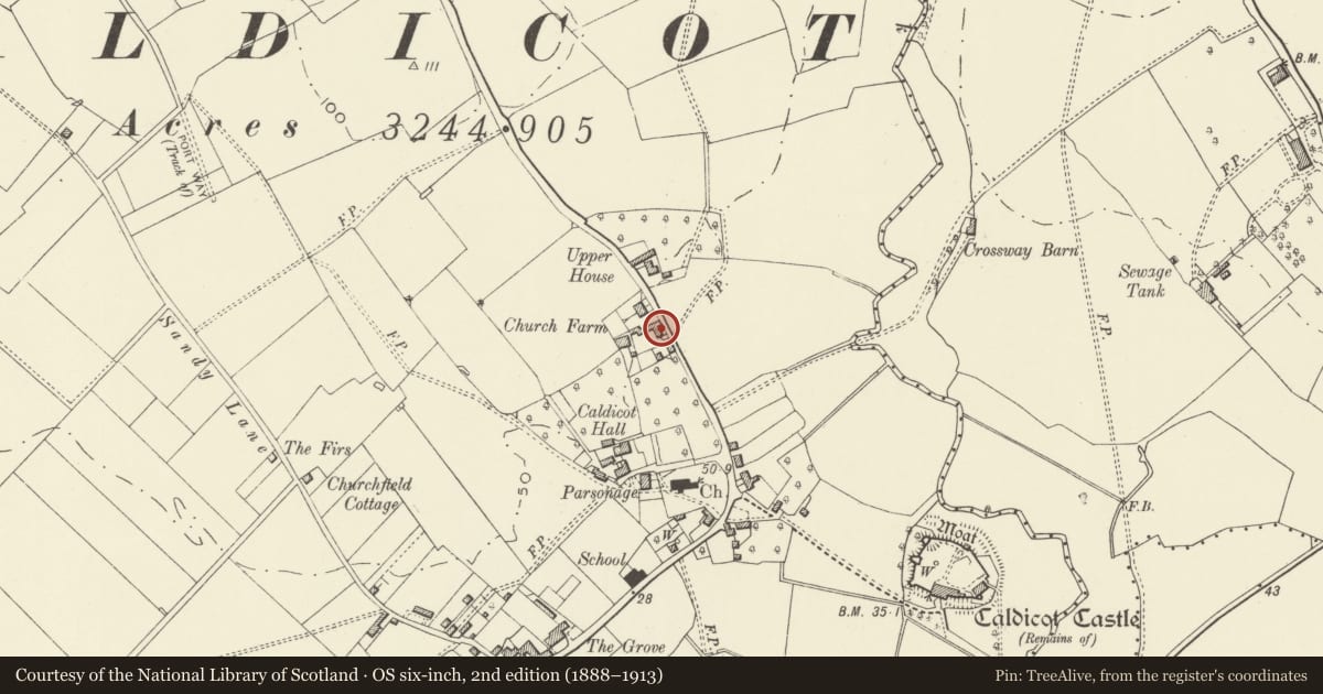 Ordnance Survey six-inch map, 2nd edition (1888–1913) covering the location of Barn at Church Farm, Caldicot, Monmouthshire, with a pin at the register's coordinates