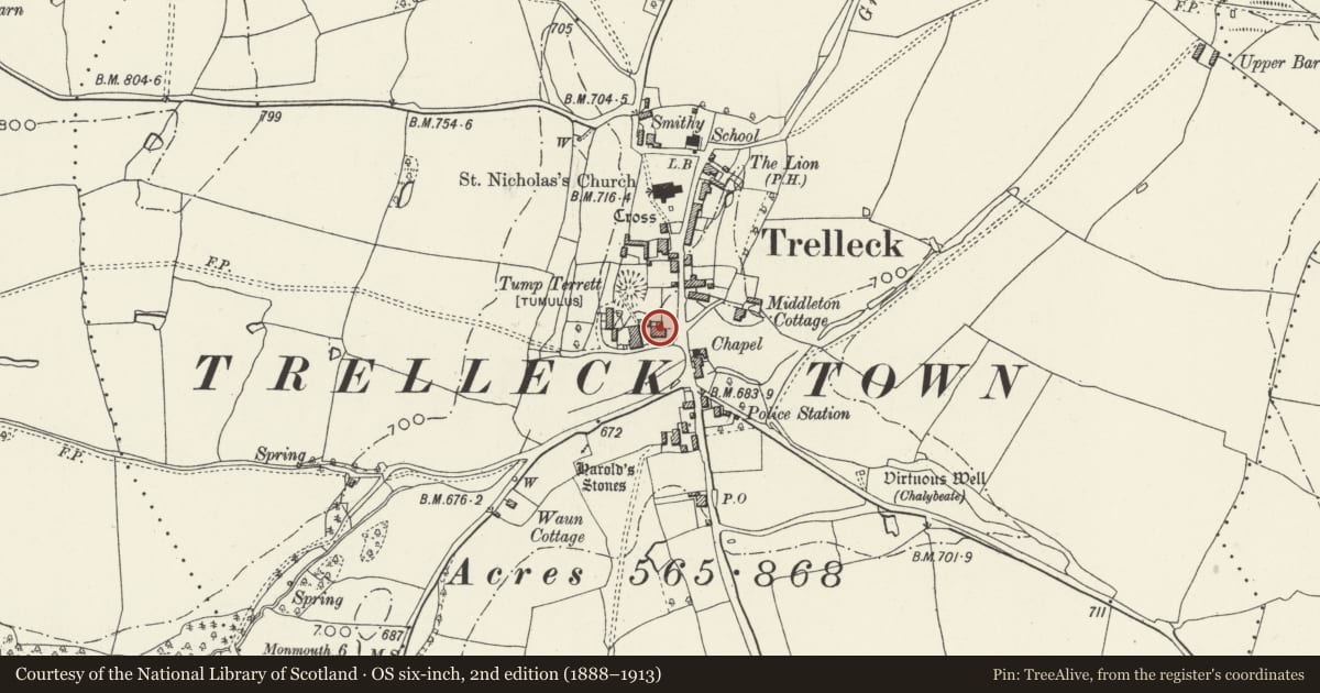 Ordnance Survey six-inch map, 2nd edition (1888–1913) covering the location of Court Farmhouse, Trellech United, Monmouthshire, with a pin at the register's coordinates