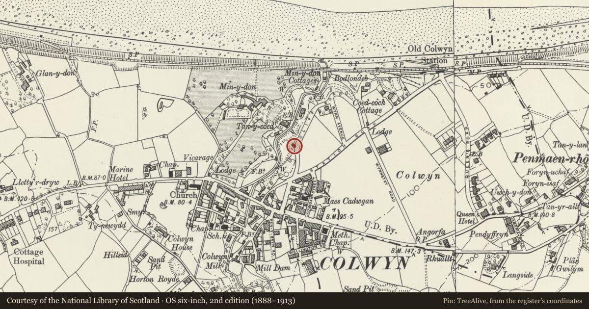 Ordnance Survey six-inch map, 2nd edition (1888–1913) covering the location of The Tower in Tan-y-Coed Gardens, Old Colwyn, Conwy, with a pin at the register's coordinates