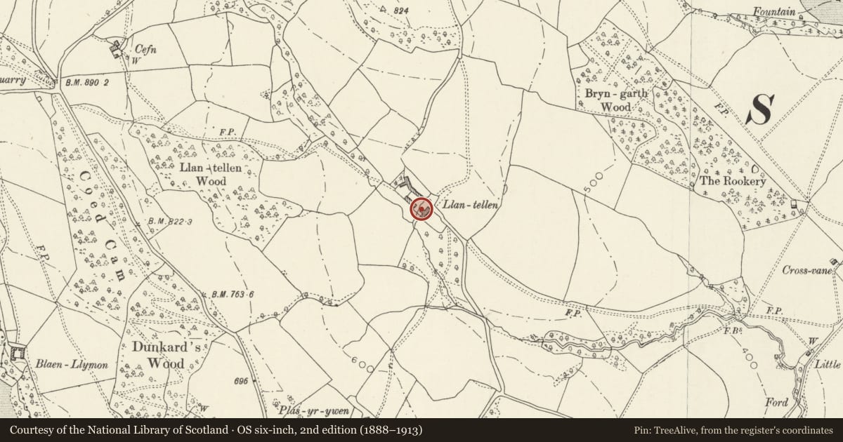 Ordnance Survey six-inch map, 2nd edition (1888–1913) covering the location of Lantellen Farmhouse, Skenfrith, Monmouthshire, with a pin at the register's coordinates