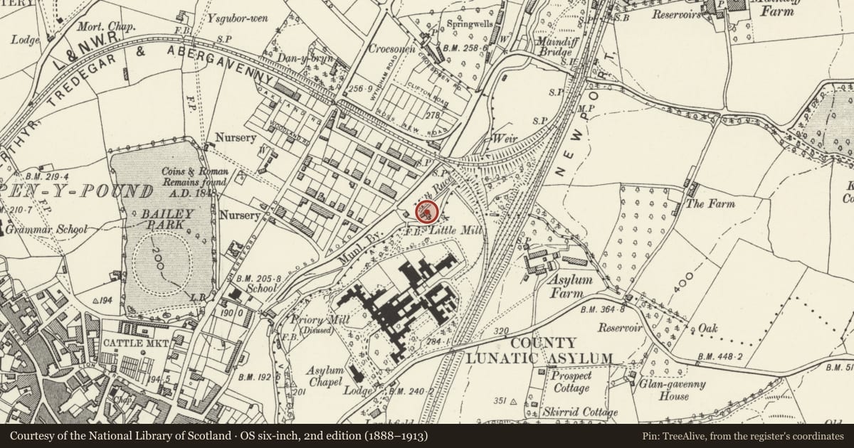 Ordnance Survey six-inch map, 2nd edition (1888–1913) covering the location of Mill House, Abergavenny, Monmouthshire, with a pin at the register's coordinates