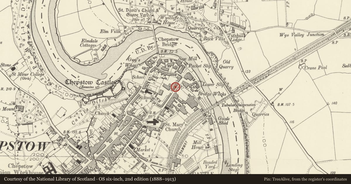 Ordnance Survey six-inch map, 2nd edition (1888–1913) covering the location of 26 Lower Church Street, Chepstow, Monmouthshire, with a pin at the register's coordinates