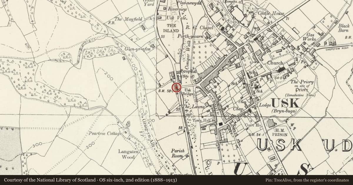 Ordnance Survey six-inch map, 2nd edition (1888–1913) covering the location of The Old Tollhouse, Llanbadoc, Monmouthshire, with a pin at the register's coordinates