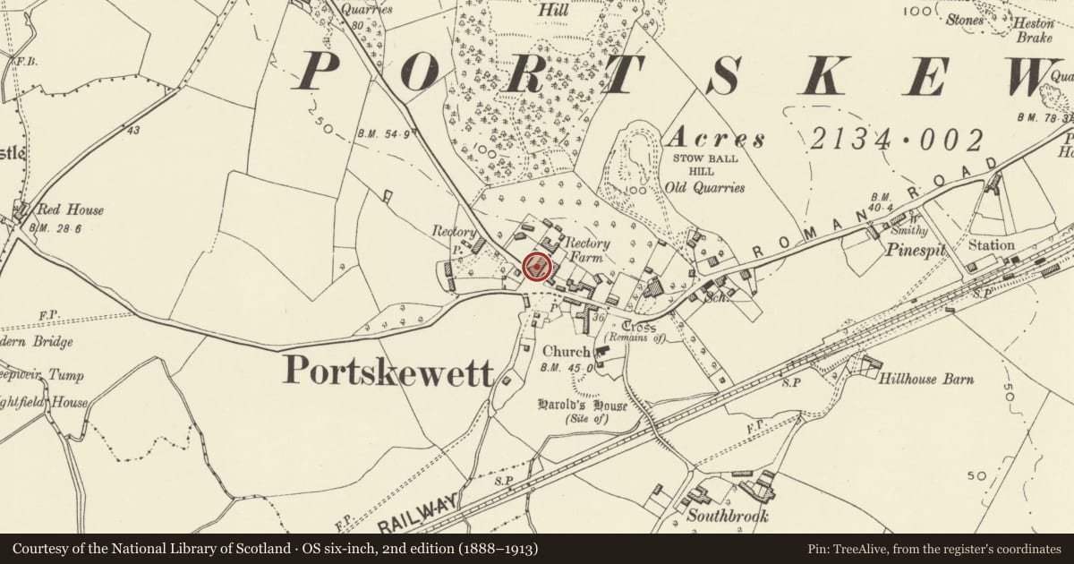 Ordnance Survey six-inch map, 2nd edition (1888–1913) covering the location of Manor Farmhouse and Manor Cottage, Portskewett, Monmouthshire, with a pin at the register's coordinates