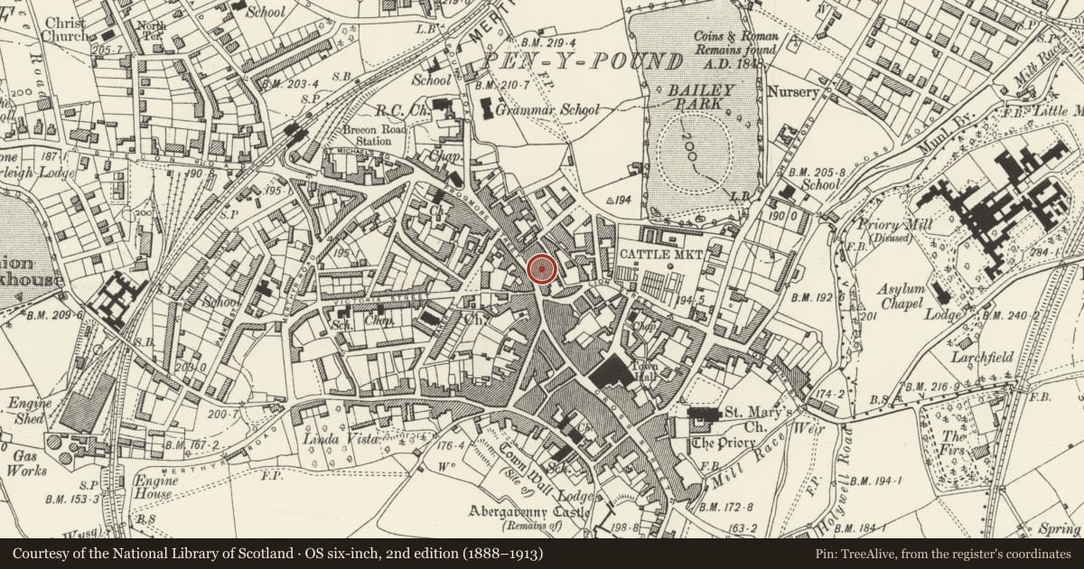 Ordnance Survey six-inch map, 2nd edition (1888–1913) covering the location of 1 Cibi Walk, Abergavenny, Monmouthshire, with a pin at the register's coordinates