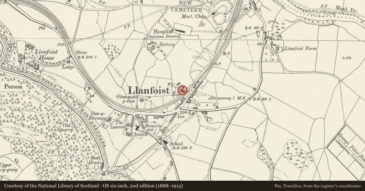 Ordnance Survey six-inch map, 2nd edition (1888–1913) covering the location of Waterloo House, Llanfoist Fawr, Monmouthshire, with a pin at the register's coordinates