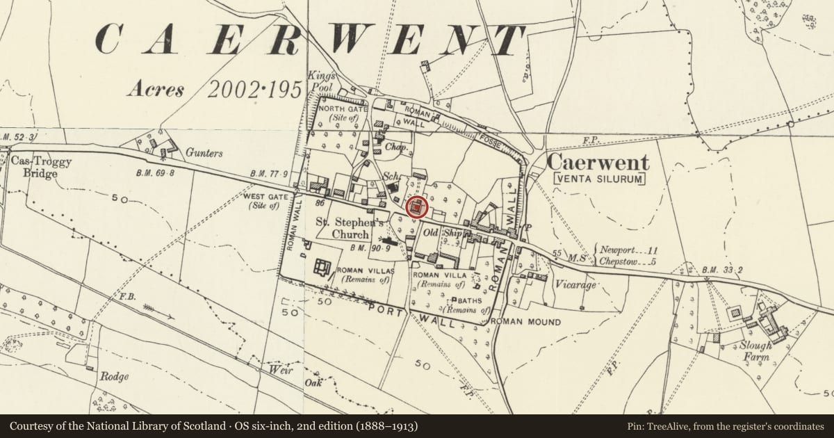 Ordnance Survey six-inch map, 2nd edition (1888–1913) covering the location of Caerwent House, Monmouthshire, with a pin at the register's coordinates