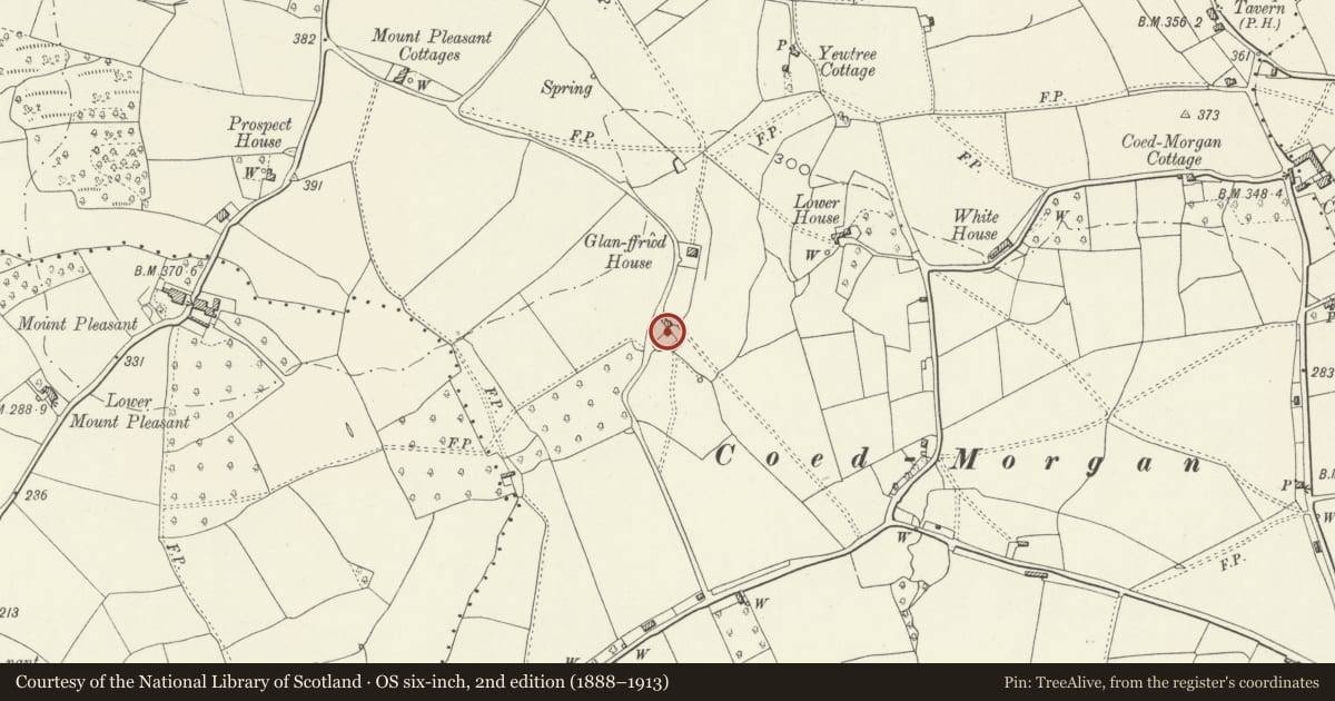 Ordnance Survey six-inch map, 2nd edition (1888–1913) covering the location of Barn at Glanffrwd Mill, Gobion Fawr, Monmouthshire, with a pin at the register's coordinates