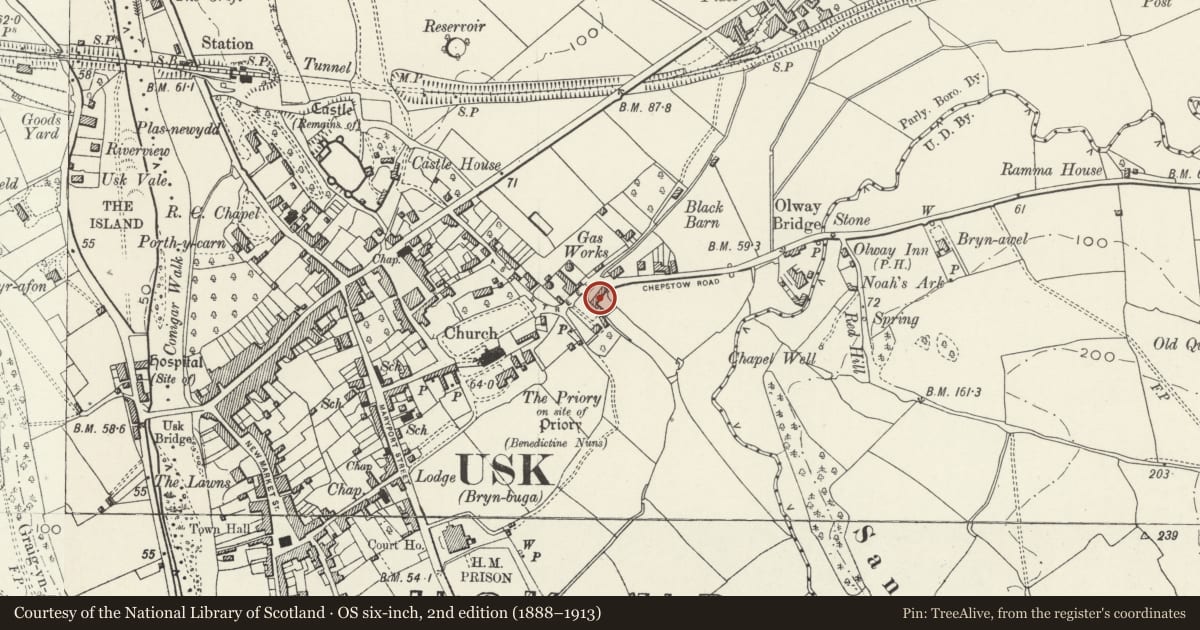 Ordnance Survey six-inch map, 2nd edition (1888–1913) covering the location of Dairy Barn, Usk, Monmouthshire, with a pin at the register's coordinates