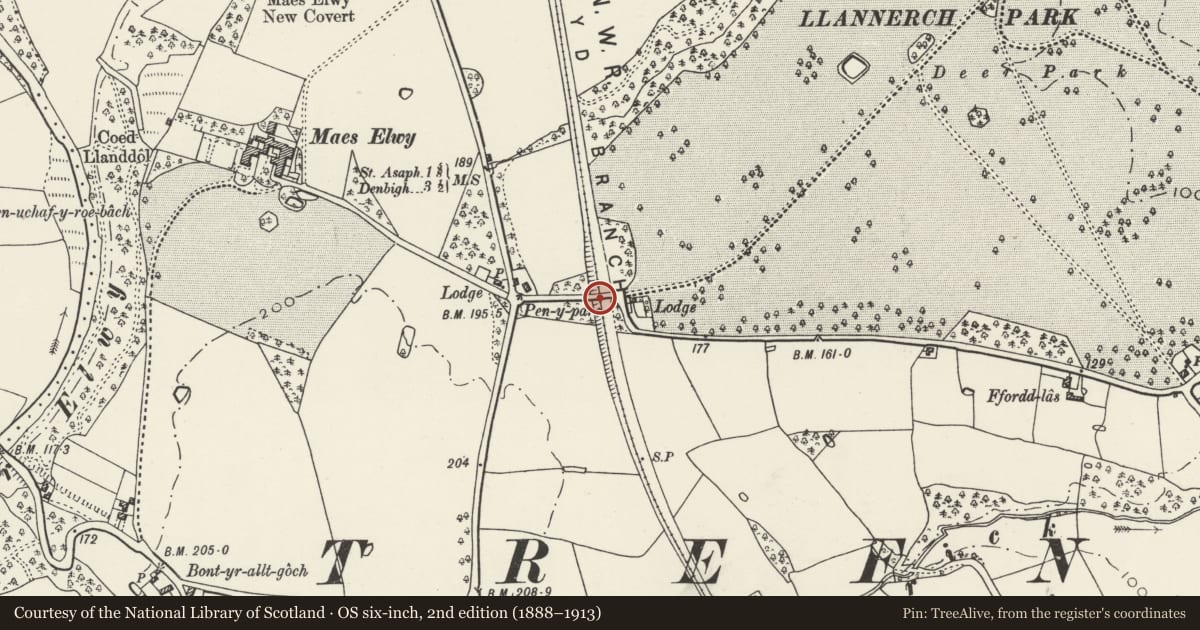 Ordnance Survey six-inch map, 2nd edition (1888–1913) covering the location of Bridge over Former Railway Line at Llannerch Park, Trefnant, Denbighshire, with a pin at the register's coordinates