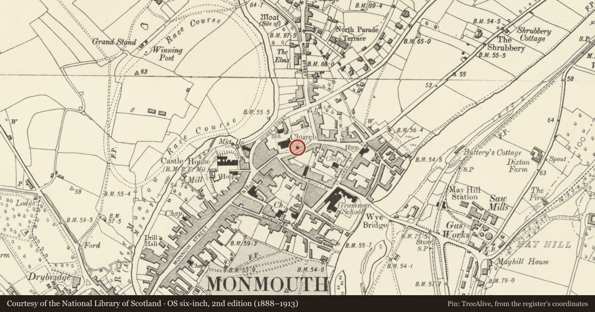 Ordnance Survey six-inch map, 2nd edition (1888–1913) covering the location of Churchyard Walls, Railings, Gatepiers and Gates to south-east of Church of St. Mary, Monmouth, Monmouthshire, with a pin at the register's coordinates