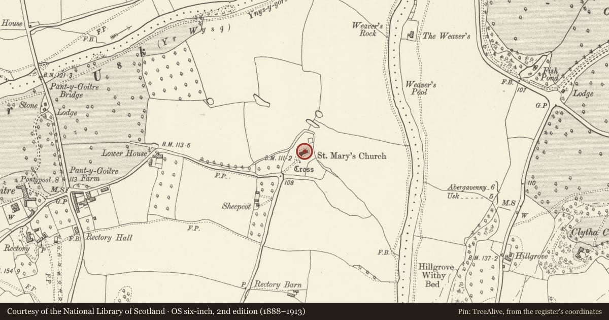 Ordnance Survey six-inch map, 2nd edition (1888–1913) covering the location of Church of St. Mary the Virgin, Gobion Fawr, Monmouthshire, with a pin at the register's coordinates