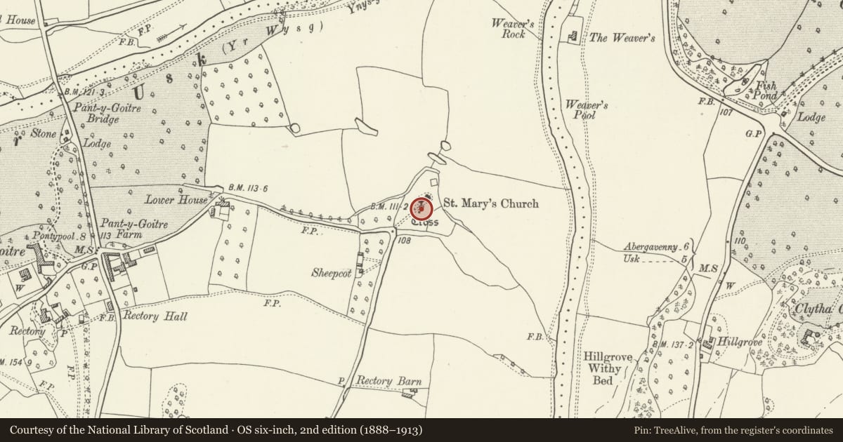 Ordnance Survey six-inch map, 2nd edition (1888–1913) covering the location of Churchyard Cross near Church of St. Mary the Virgin, Gobion Fawr, Monmouthshire, with a pin at the register's coordinates