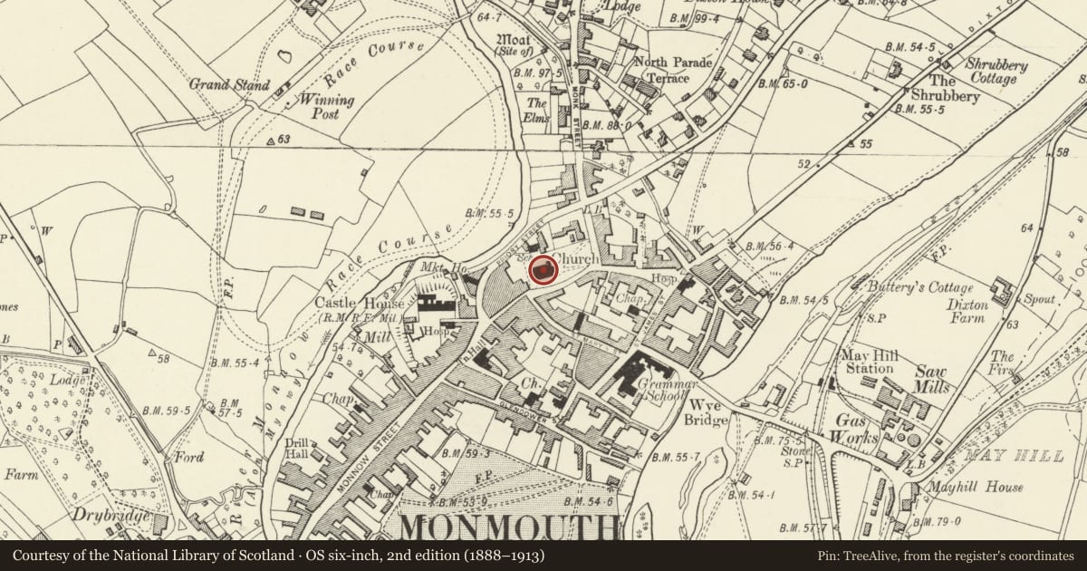 Ordnance Survey six-inch map, 2nd edition (1888–1913) covering the location of Church of St. Mary, Monmouth, Monmouthshire, with a pin at the register's coordinates