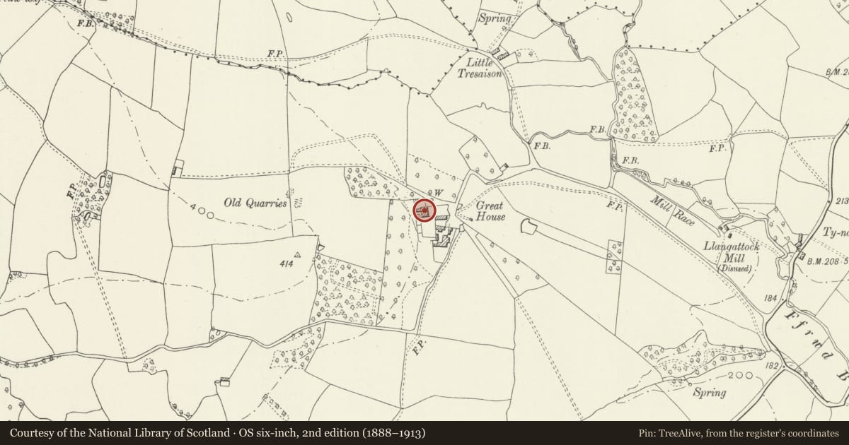 Ordnance Survey six-inch map, 2nd edition (1888–1913) covering the location of Great House, Gobion Fawr, Monmouthshire, with a pin at the register's coordinates