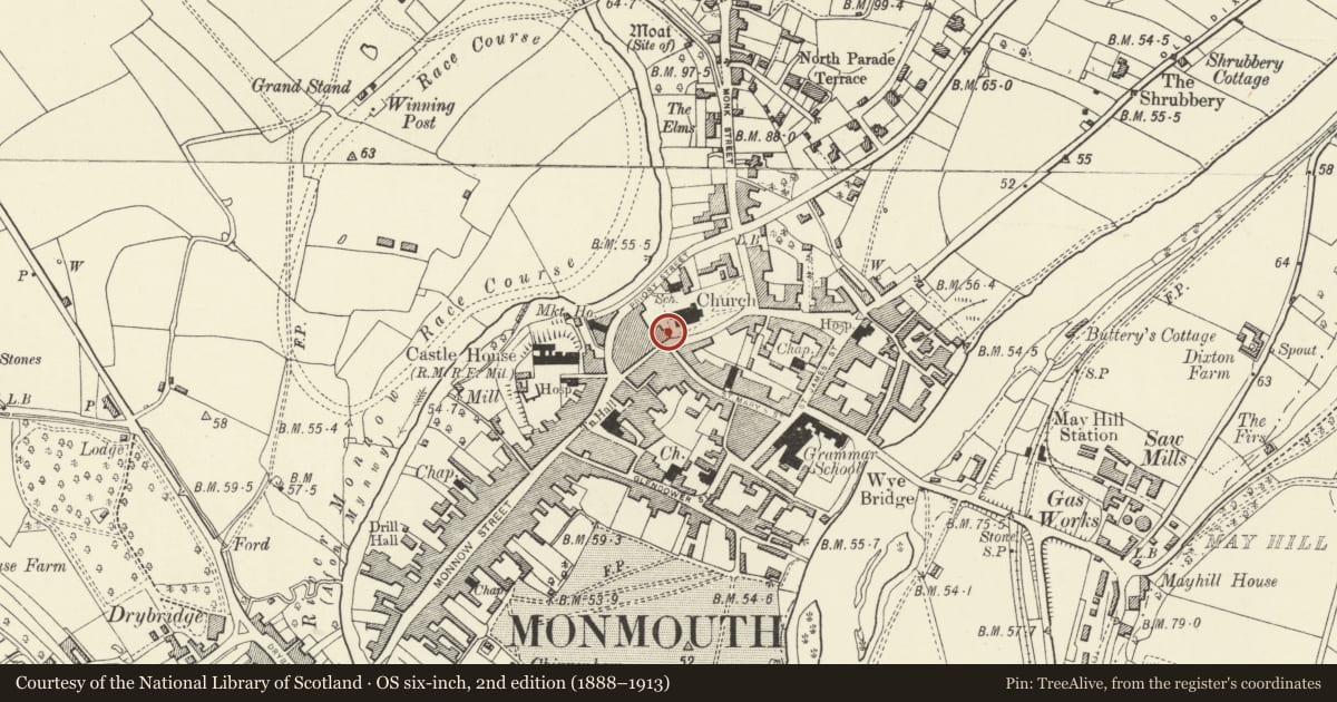 Ordnance Survey six-inch map, 2nd edition (1888–1913) covering the location of 24 Church Street, Monmouth, Monmouthshire, with a pin at the register's coordinates