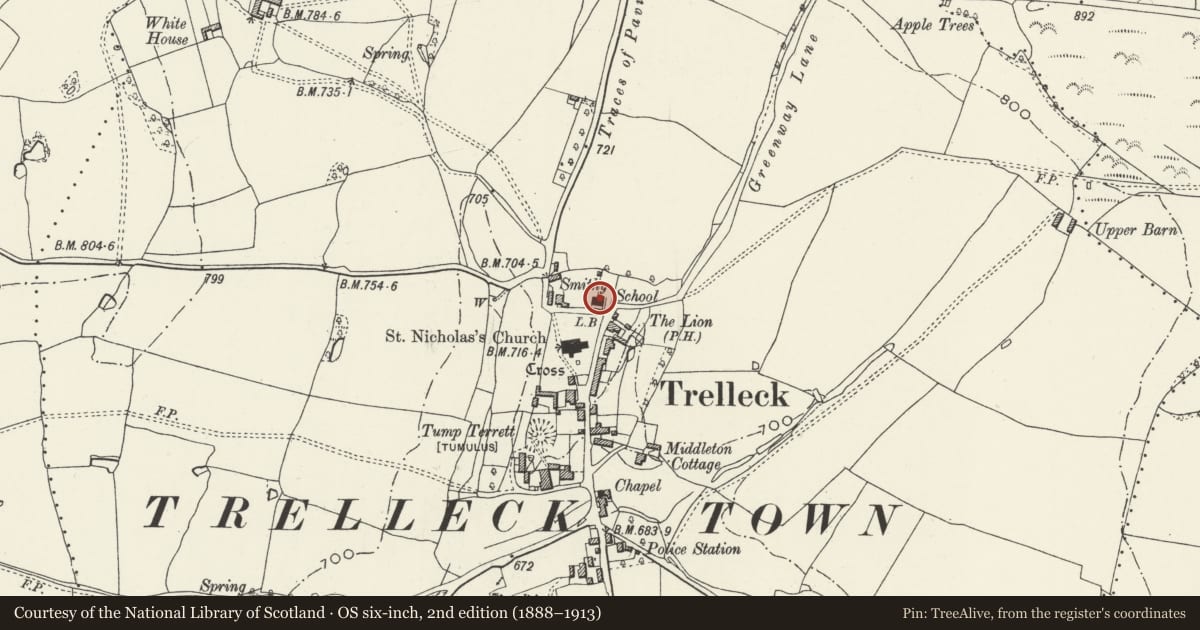 Ordnance Survey six-inch map, 2nd edition (1888–1913) covering the location of The Babington Centre, Trellech United, Monmouthshire, with a pin at the register's coordinates