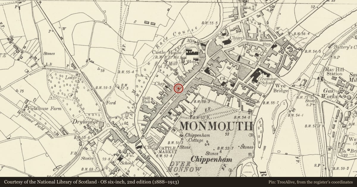 Ordnance Survey six-inch map, 2nd edition (1888–1913) covering the location of 41 Monnow Street, Monmouth, Monmouthshire, with a pin at the register's coordinates