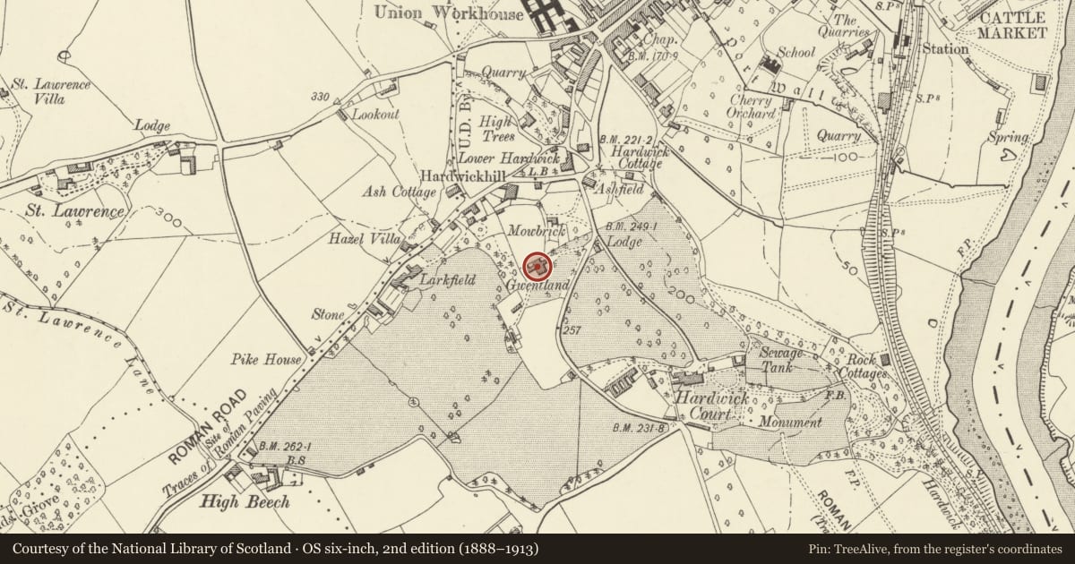 Ordnance Survey six-inch map, 2nd edition (1888–1913) covering the location of The Gwentlands, Chepstow, Monmouthshire, with a pin at the register's coordinates