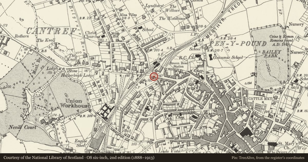 Ordnance Survey six-inch map, 2nd edition (1888–1913) covering the location of 34 Brecon Road, Abergavenny, Monmouthshire, with a pin at the register's coordinates
