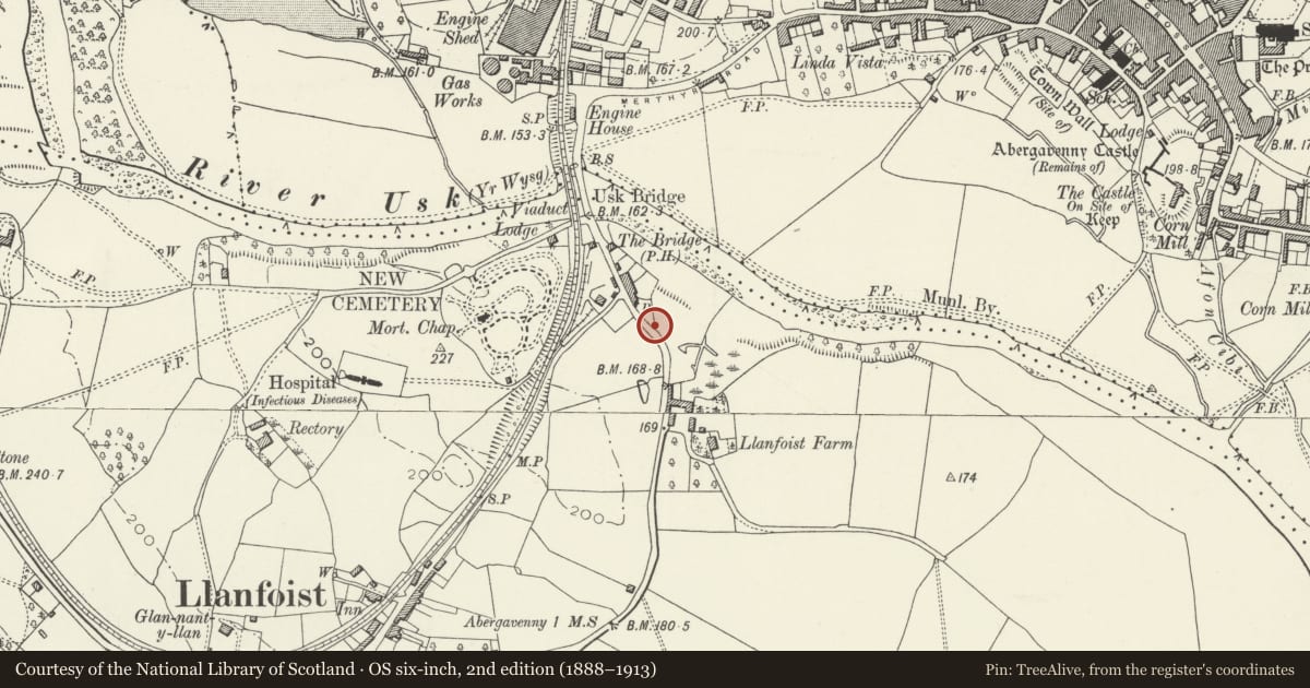 Ordnance Survey six-inch map, 2nd edition (1888–1913) covering the location of Telephone Call-box, Llanfoist Fawr, Monmouthshire, with a pin at the register's coordinates
