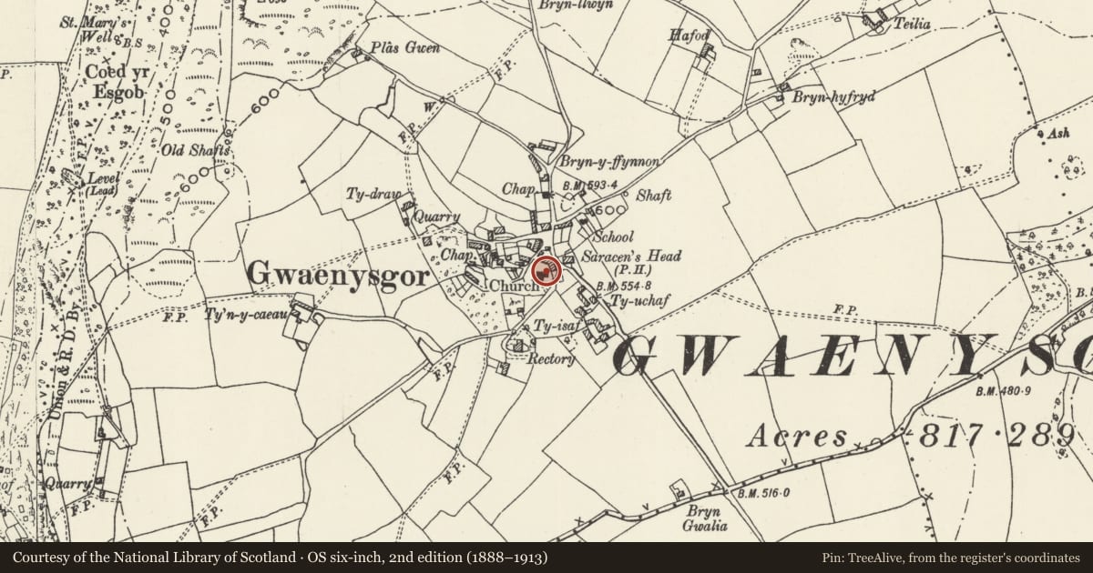 Ordnance Survey six-inch map, 2nd edition (1888–1913) covering the location of Church of St Mary, Trelawnyd and Gwaenysgor, Flintshire, with a pin at the register's coordinates