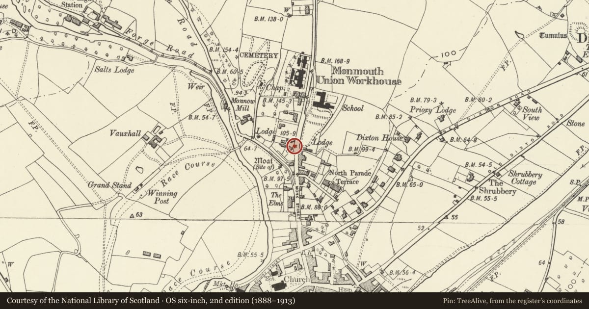 Ordnance Survey six-inch map, 2nd edition (1888–1913) covering the location of Telephone Call-box outside Nos.11 and 13, Monmouth, Monmouthshire, with a pin at the register's coordinates