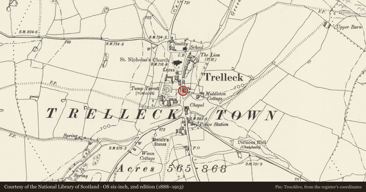 Ordnance Survey six-inch map, 2nd edition (1888–1913) covering the location of Telephone Call-box (01600 860201), Trellech United, Monmouthshire, with a pin at the register's coordinates