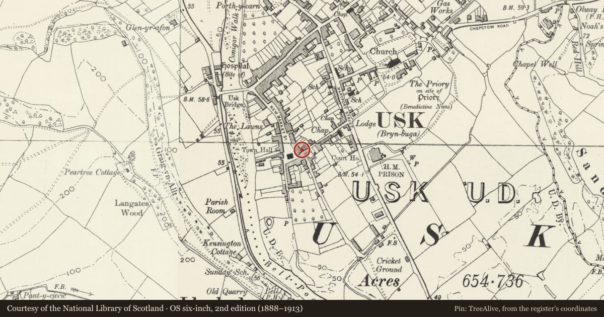Ordnance Survey six-inch map, 2nd edition (1888–1913) covering the location of Kings Head Hotel, Usk, Monmouthshire, with a pin at the register's coordinates