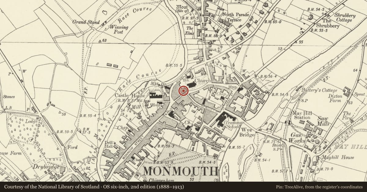 Ordnance Survey six-inch map, 2nd edition (1888–1913) covering the location of Savoy Theatre and Monmouth Music Box, Monmouthshire, with a pin at the register's coordinates