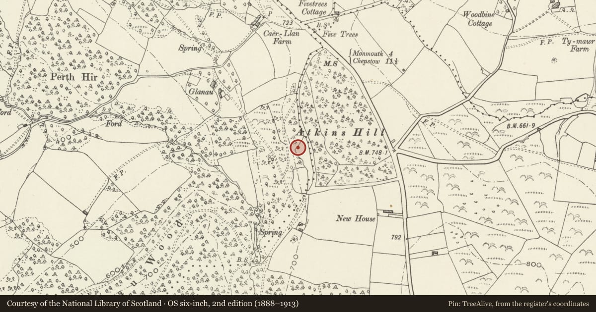 Ordnance Survey six-inch map, 2nd edition (1888–1913) covering the location of Gardener's Cottage at High Glanau, Mitchel Troy, Monmouthshire, with a pin at the register's coordinates