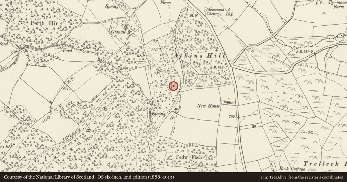 Ordnance Survey six-inch map, 2nd edition (1888–1913) covering the location of Garden Wall and Pergola at High Glanau, Mitchel Troy, Monmouthshire, with a pin at the register's coordinates