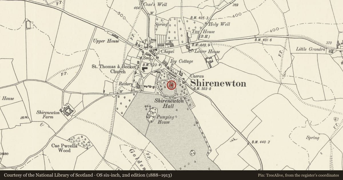 Ordnance Survey six-inch map, 2nd edition (1888–1913) covering the location of Shirenewton Hall, Monmouthshire, with a pin at the register's coordinates