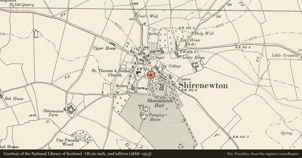 Ordnance Survey six-inch map, 2nd edition (1888–1913) covering the location of Lodge to Shirenewton Hall, Monmouthshire, with a pin at the register's coordinates