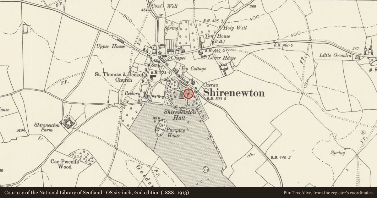 Ordnance Survey six-inch map, 2nd edition (1888–1913) covering the location of Summerhouse in the grounds to east of Shirenewton Hall, Monmouthshire, with a pin at the register's coordinates