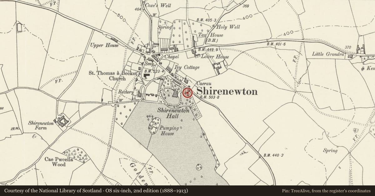 Ordnance Survey six-inch map, 2nd edition (1888–1913) covering the location of Garden seat in the grounds to east of Shirenewton Hall, Monmouthshire, with a pin at the register's coordinates