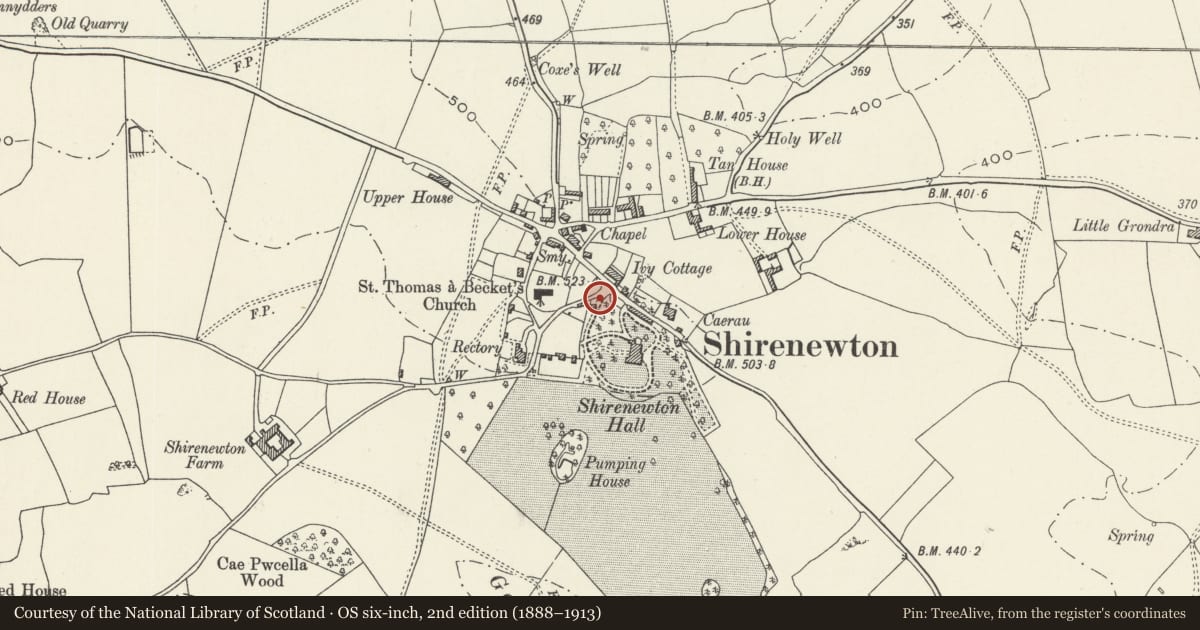 Ordnance Survey six-inch map, 2nd edition (1888–1913) covering the location of Gates, Gatepiers, Railings and Walls at Shirenewton Hall, Monmouthshire, with a pin at the register's coordinates