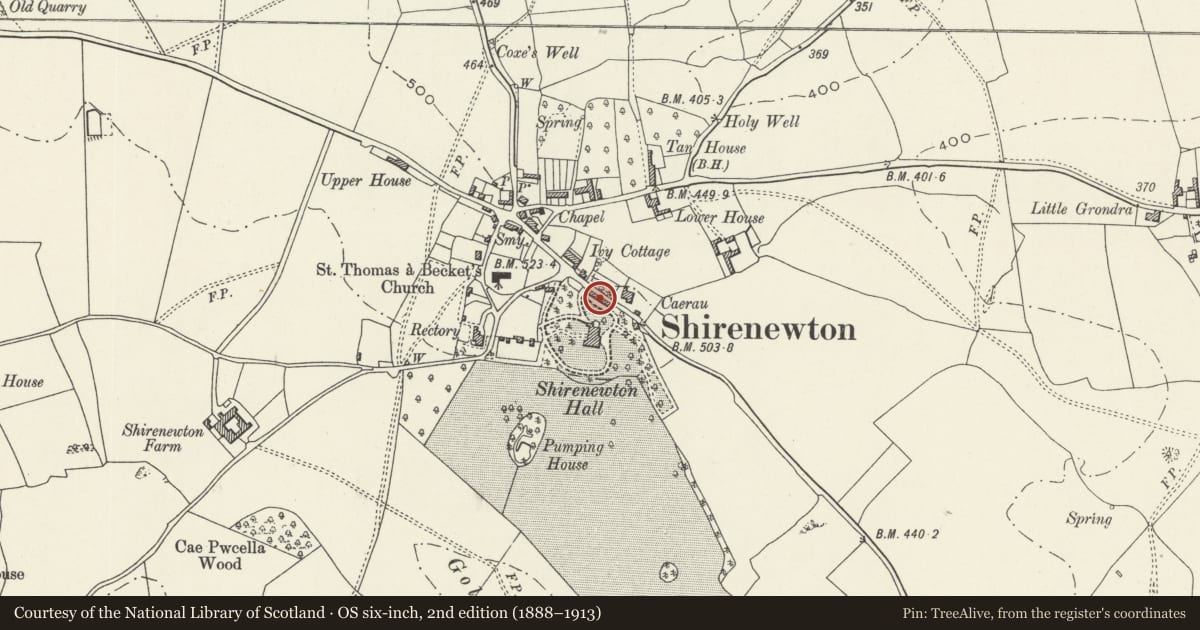 Ordnance Survey six-inch map, 2nd edition (1888–1913) covering the location of Stables, Coach house and attached boundary walls at Shirenewton Hall, Monmouthshire, with a pin at the register's coordinates