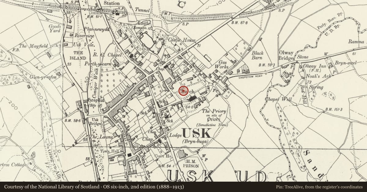 Ordnance Survey six-inch map, 2nd edition (1888–1913) covering the location of Wyatt and Nichol Family Graves in St Mary's churchyard, Usk, Monmouthshire, with a pin at the register's coordinates