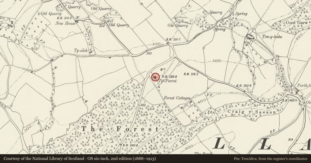 Ordnance Survey six-inch map, 2nd edition (1888–1913) covering the location of Ty-Perrot, Llangybi, Monmouthshire, with a pin at the register's coordinates