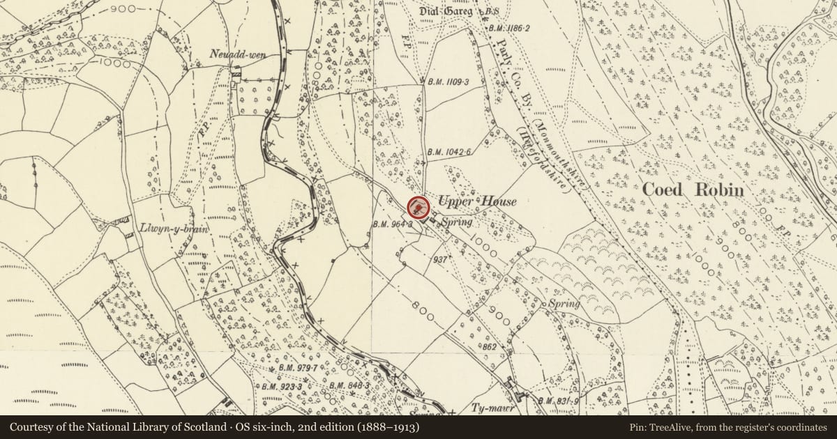Ordnance Survey six-inch map, 2nd edition (1888–1913) covering the location of Upper House Farmhouse, Crucorney, Monmouthshire, with a pin at the register's coordinates