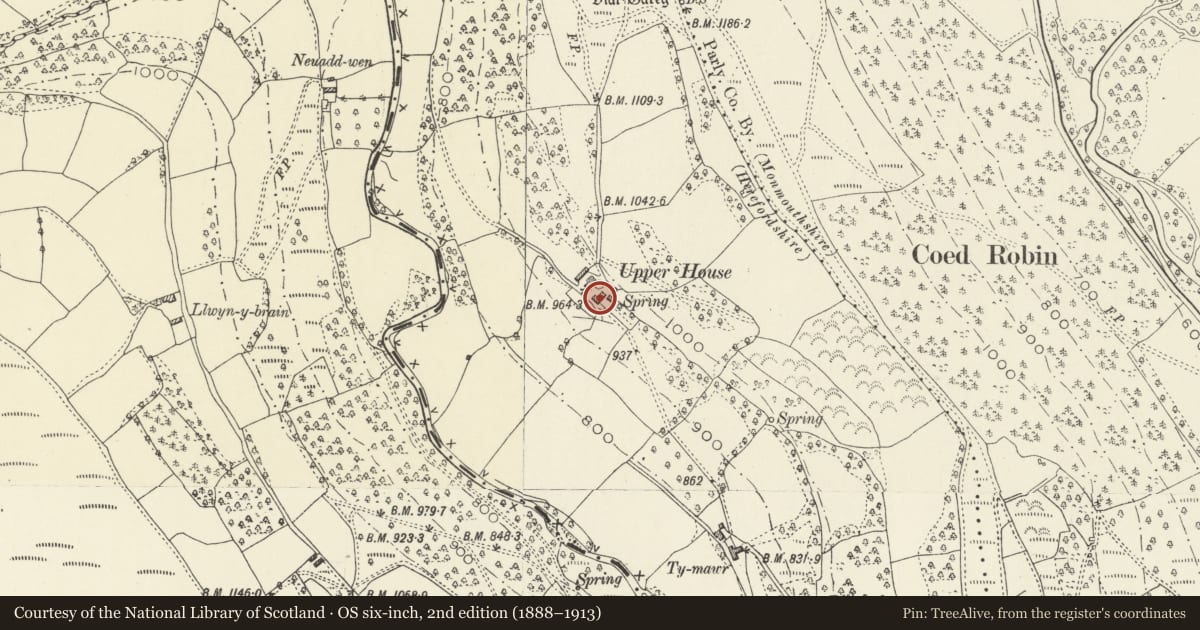 Ordnance Survey six-inch map, 2nd edition (1888–1913) covering the location of Barn at Upper House Farm, Crucorney, Monmouthshire, with a pin at the register's coordinates