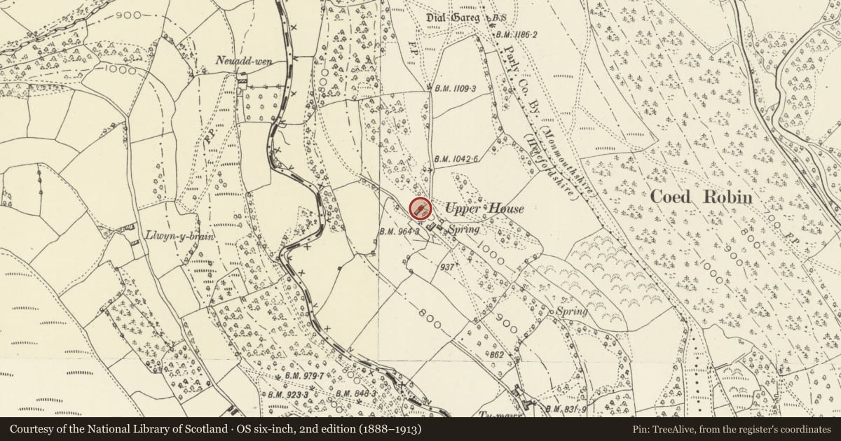 Ordnance Survey six-inch map, 2nd edition (1888–1913) covering the location of Former malthouse at Upper House Farm, including retaining wall to front, Crucorney, Monmouthshire, with a pin at the register's coordinates